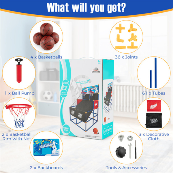 双射击儿童篮球街机游戏-2个背板+4个PVC球+打底球，3岁以上，黑色+蓝色+红色-4