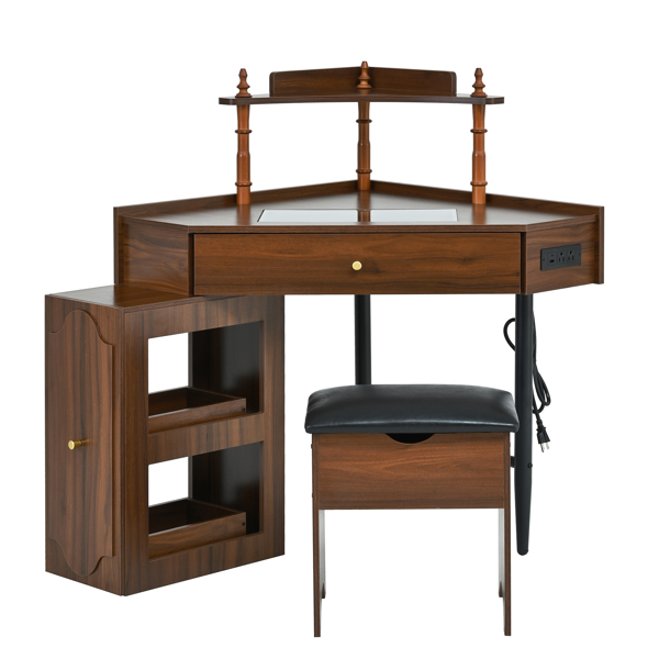 转角梳妆台套装，带储物软垫凳和充电站；三角形化妆台，带可拆卸拉出式侧柜；玻璃桌面化妆台，带抽屉和搁板；胡桃木色-14
