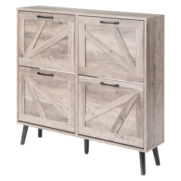 谷仓门4翻斗 金属黑色一字把手+三胺刨花板+黑色实木塑封锥形腿 鞋柜 106*24*98cm 水洗灰-3