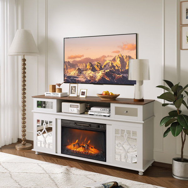 白色 152*40.6*78.7 密度板柜体 刨花层板 2门2抽1搁架 柜门带镜面 图案 适用23in壁炉 壁炉电视柜-12