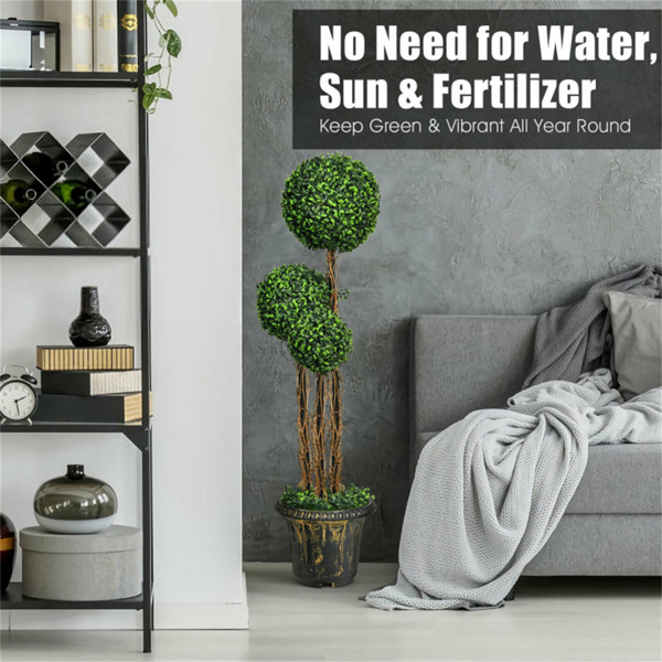 48英寸人造抗紫外线三球树植物，逼真的PE树叶+木藤，水泥罐-9