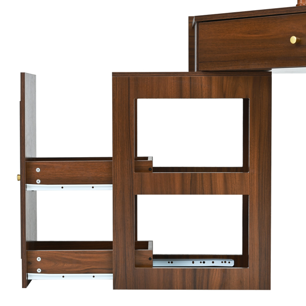 转角梳妆台套装，带储物软垫凳和充电站；三角形化妆台，带可拆卸拉出式侧柜；玻璃桌面化妆台，带抽屉和搁板；胡桃木色-13