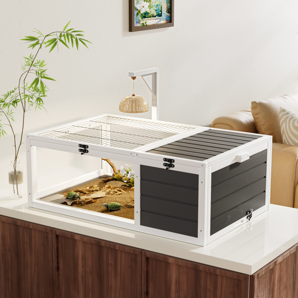 爬行动物栖息地龟屋，带灯架、3个亚克力观察窗、2个防水托盘、可锁定顶盖，易于清洁的木制饲养箱，适用于乌龟、蜥蜴、蛇和小宠物--不支持self-pick up-8
