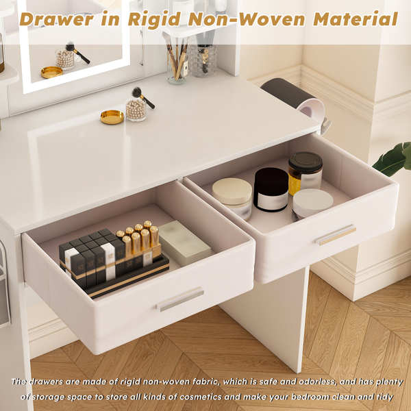 女士/女孩专用带灯LED镜面梳妆台 - 三色可调灯带、两个大抽屉、吹风机支架和无纺布收纳袋，化妆桌卧室家具-16