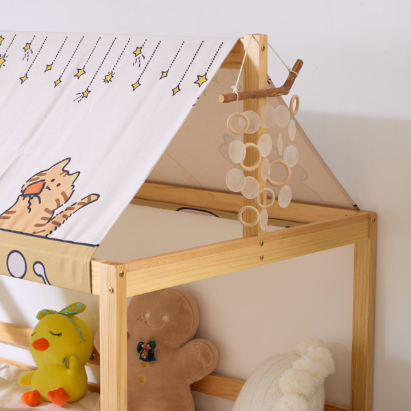 原木色 油漆面 松木 带布蓬屋顶造型 195*95*141cm 儿童木床-4