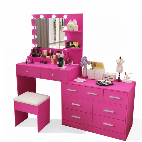 芭比粉 刨花板 贴麻面三胺 9抽2层架 1桌面收纳 梳妆桌套装 带三色调光灯泡 组合柜-7