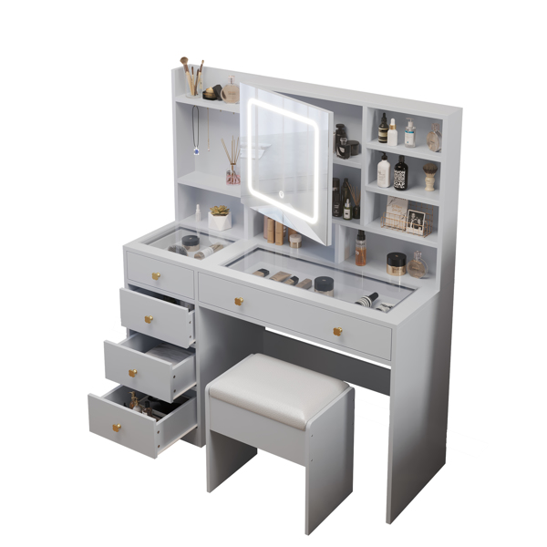 白色 刨花板 钢化玻璃桌面 贴麻面三胺 5抽 带层架 带挂钩 梳妆桌套装 带排插 LED三色调光镜-5