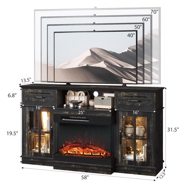 58寸黑金橡木色二门二抽一搁架方格玻璃壁炉柜 147.4*45*80cm 24寸三面玻璃壁炉芯-7