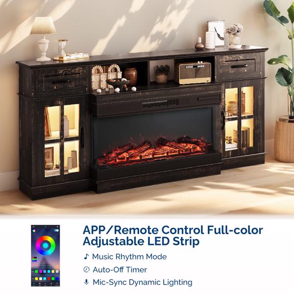 70寸黑金橡木色二门二抽一搁架方格玻璃壁炉柜 177.8*45*80cm 36寸三面玻璃壁炉芯-2