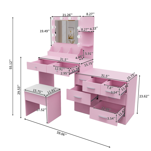 马卡龙粉 刨花板 贴麻面三胺 9抽2层架 1桌面收纳 梳妆桌套装 带三色调光灯泡 组合柜-4