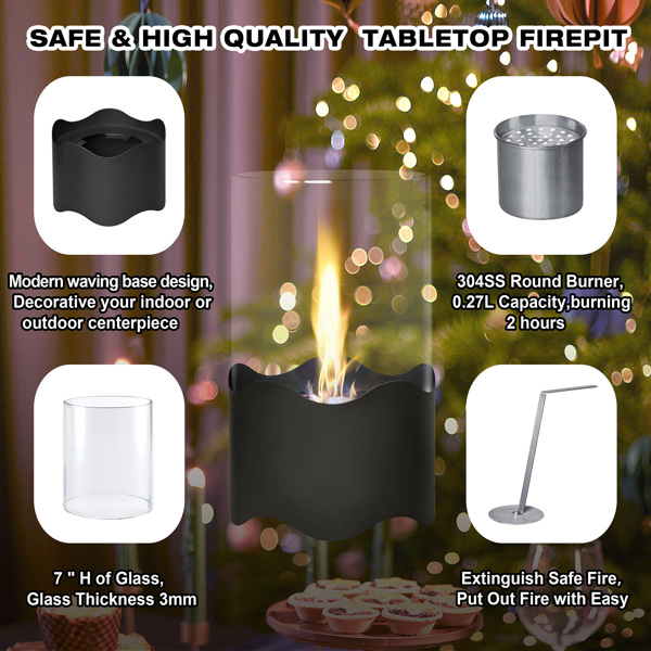 波浪形桌面生物乙醇壁炉，室内外通用，便携式桌面火盆燃料生物乙醇燃烧器加热器，黑色-5