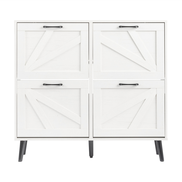 谷仓门4翻斗 金属黑色一字把手+三胺刨花板 +黑色实木塑封锥形腿 鞋柜 106*24*98cm 做旧白-5