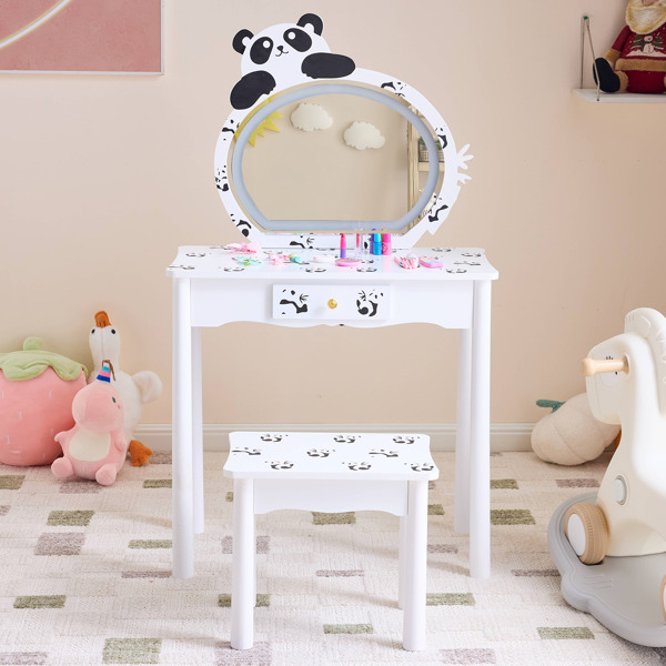 黑白熊猫 密度板喷漆 实木腿 1抽 儿童梳妆桌套装 LED三色调光触摸开关-12