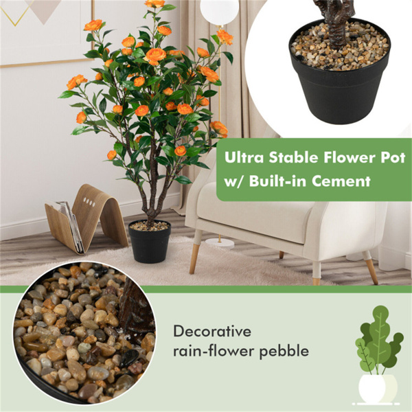 40英寸逼真的人造山茶树-37朵黄色花朵+茂密的绿叶，绿色+黄色-7