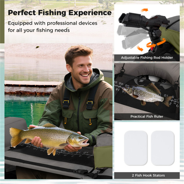 350磅充气钓鱼浮子管-2个气室，杆架+鱼尺，绿色+灰色-5