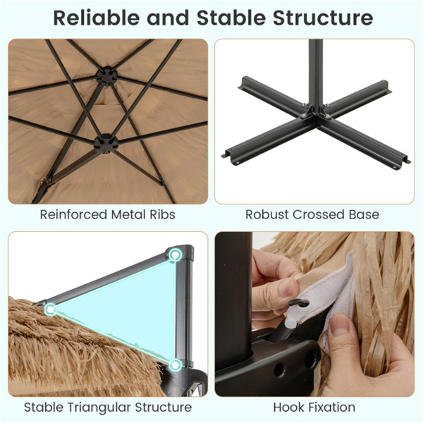 9.5英尺热带风格户外雨伞（自然+黑色）-双层通风，防晒，后院/池畔装饰-4