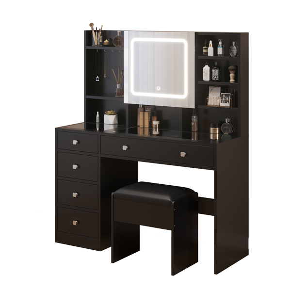 黑色 刨花板 钢化玻璃桌面 贴麻面三胺 5抽 带层架 带挂钩 带镜柜 梳妆桌套装 带排插 带LED三色调光镜-5