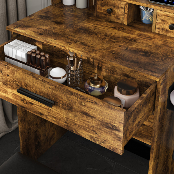 带镜子、可调节LED灯、电源插座、吹风机架和凳子的梳妆台——适用于小卧室的紧凑型梳妆台（复古款）-13