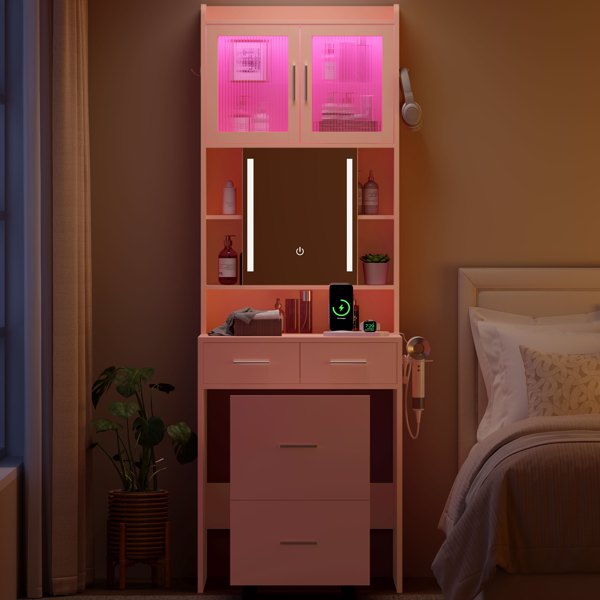 苹果粉 刨花板 贴麻面三胺 3抽2门 1LED3色调光可滑动镜 梳妆桌套装 带RGB灯带 1对羊角钩 排插 吹风机座 脚轮 小尺寸-3