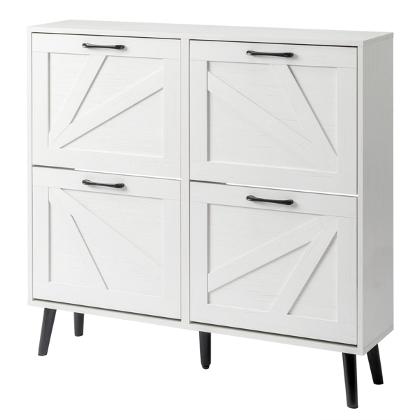 谷仓门4翻斗 金属黑色一字把手+三胺刨花板 +黑色实木塑封锥形腿 鞋柜 106*24*98cm 做旧白-10