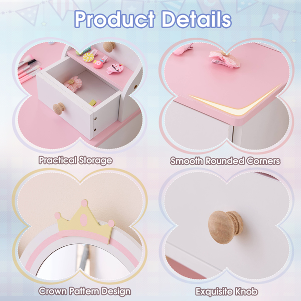 白色+粉色 星星城堡元素 密度板+刨花板  喷漆+丝印+贴三胺 1抽2布抽2层架 左侧2层收纳架 儿童梳妆桌套装-12