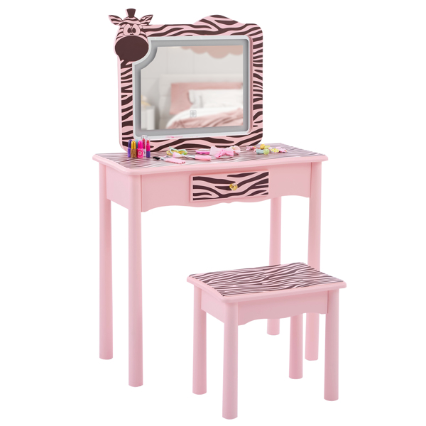 马卡龙粉 密度板+实木腿 喷漆+丝印 斑马 1抽 儿童梳妆桌套装 LED三色调光触摸开关-6