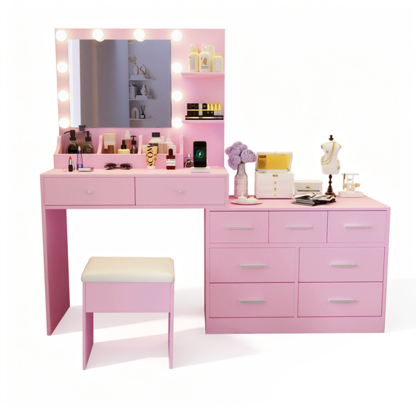 马卡龙粉 刨花板 贴麻面三胺 9抽2层架 1桌面收纳 梳妆桌套装 带三色调光灯泡 组合柜-3