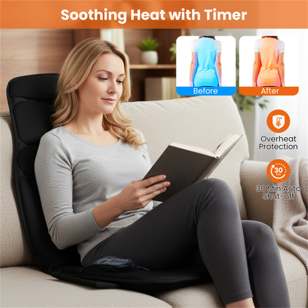 10个电动加热按摩椅垫（黑色）-4个身体区域，5个程序+3个速度，113°F加热-9