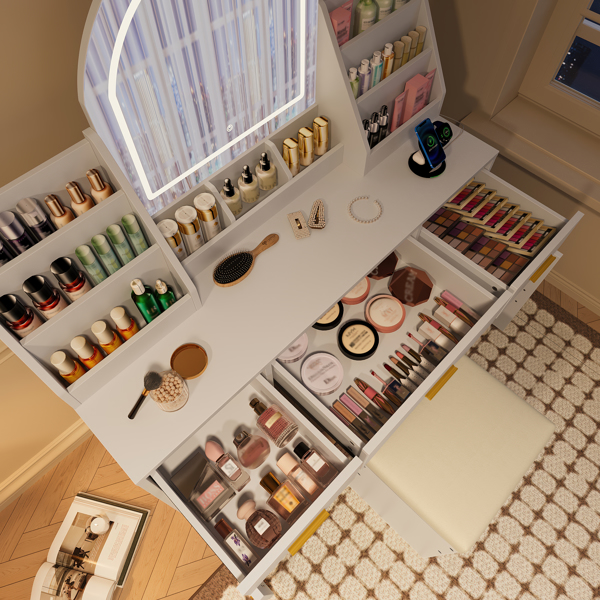 47.2英寸化妆台，带镜子和灯，梳妆台配有软垫储物凳，梳妆台带有两个收纳架、3个抽屉和2个柜子，适用于卧室，白色-13