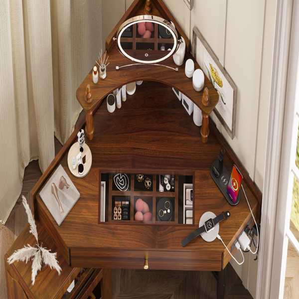 转角梳妆台套装，带储物软垫凳和充电站；三角形化妆台，带可拆卸拉出式侧柜；玻璃桌面化妆台，带抽屉和搁板；胡桃木色-2