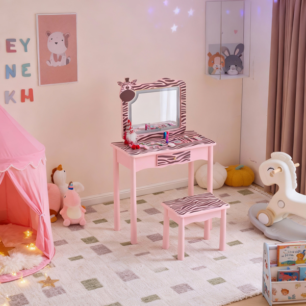 马卡龙粉 密度板+实木腿 喷漆+丝印 斑马 1抽 儿童梳妆桌套装 LED三色调光触摸开关-2