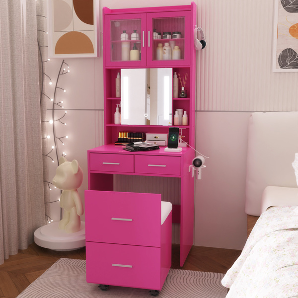芭比粉 刨花板 贴麻面三胺 3抽2门 1LED3色调光可滑动镜 梳妆桌套装 带RGB灯带 1对羊角钩 排插 吹风机座 脚轮 小尺寸-10