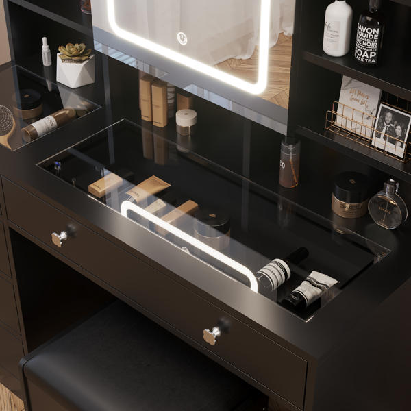 黑色 刨花板 钢化玻璃桌面 贴麻面三胺 5抽 带层架 带挂钩 带镜柜 梳妆桌套装 带排插 带LED三色调光镜-10