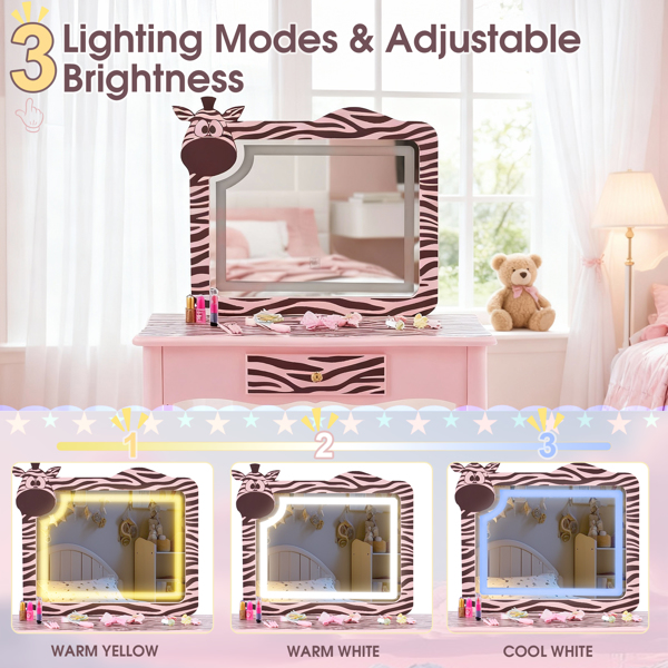 马卡龙粉 密度板+实木腿 喷漆+丝印 斑马 1抽 儿童梳妆桌套装 LED三色调光触摸开关-13