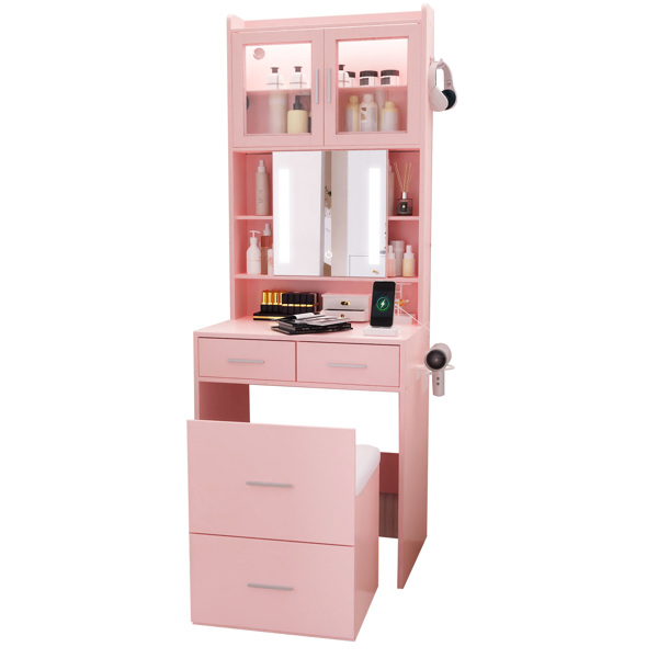 苹果粉 刨花板 贴麻面三胺 3抽2门 1LED3色调光可滑动镜 梳妆桌套装 带RGB灯带 1对羊角钩 排插 吹风机座 脚轮 小尺寸-4