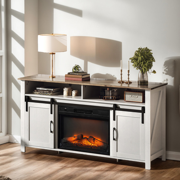 58寸水洗白色柜体+棕色台面谷仓门滑轨壁炉柜 147.32*39*75cm 23寸壁炉芯-5