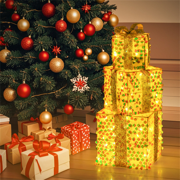 一套3个圣诞灯饰礼品盒，带90个暖灯，PVC亮片+蝴蝶结，10英寸/8英寸/6英寸尺寸-9