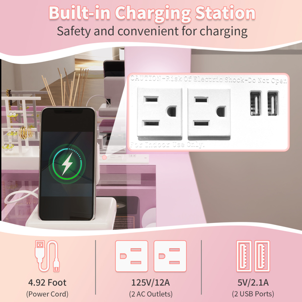 马卡龙粉 刨花板 贴麻面三胺 9抽 梳妆桌套装 带12粒三色调光灯泡 排插 玻璃桌面-5