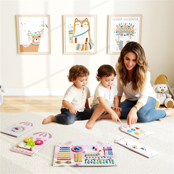 11合1蒙特梭利墙忙板（粉红色）-3+幼儿感官玩具，城堡风格，技能培养-10