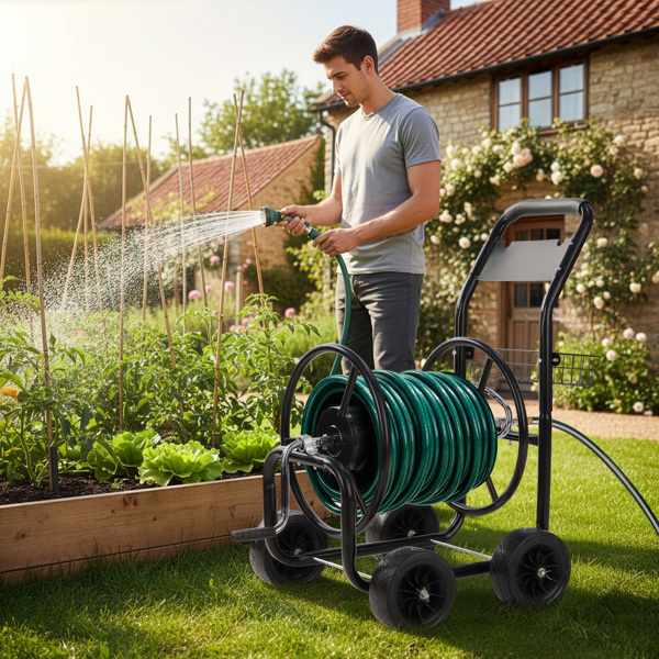 97*53*100cm 黑色 铁质 带绿色水管 铁轮辐 水管车-3