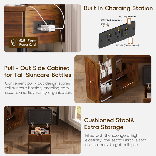 转角梳妆台套装，带储物软垫凳和充电站；三角形化妆台，带可拆卸拉出式侧柜；玻璃桌面化妆台，带抽屉和搁板；胡桃木色-21