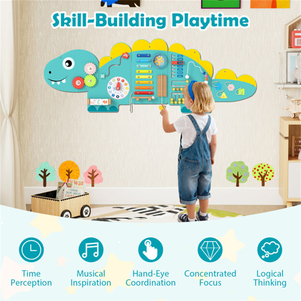 11合1恐龙活动墙忙碌板面板——木质感官玩具绿色-11