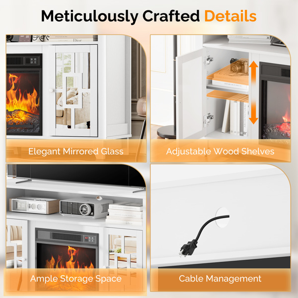 白色 浮雕面 120x40x80.7cm 蜂巢板 刨花板贴三胺 带镜面双门 适用18in壁炉芯 壁炉电视柜 -5