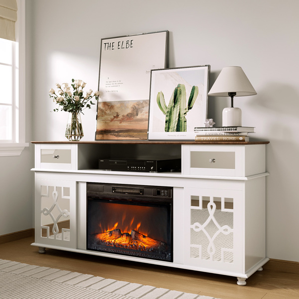 白色 152*40.6*78.7 密度板柜体 刨花层板 2门2抽1搁架 柜门带镜面 图案 适用23in壁炉 壁炉电视柜-11