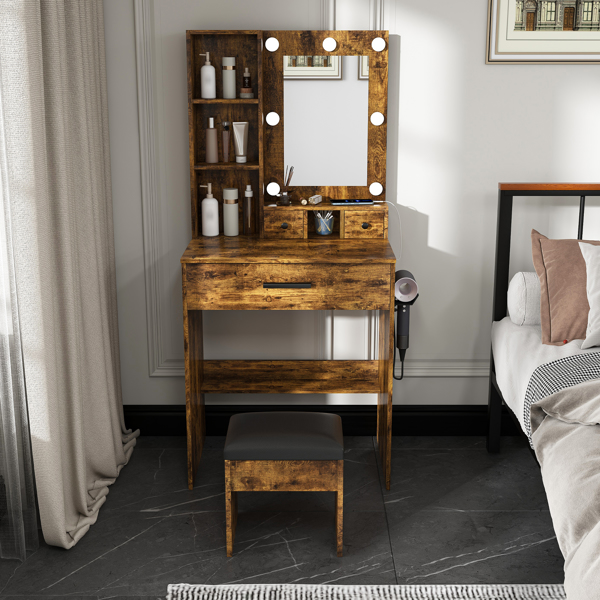 带镜子、可调节LED灯、电源插座、吹风机架和凳子的梳妆台——适用于小卧室的紧凑型梳妆台（复古款）-2