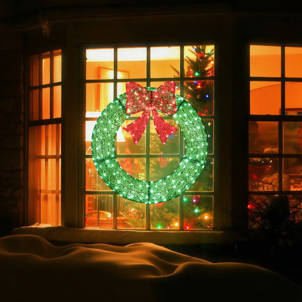 36in 绿色 花环带蝴蝶结  225L皮线灯 绿色加红光 带遥控带定时 圣诞灯饰花环 30V 3.6W 美规-8