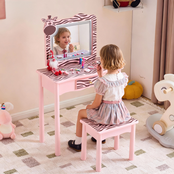 马卡龙粉 密度板+实木腿 喷漆+丝印 斑马 1抽 儿童梳妆桌套装 LED三色调光触摸开关-12
