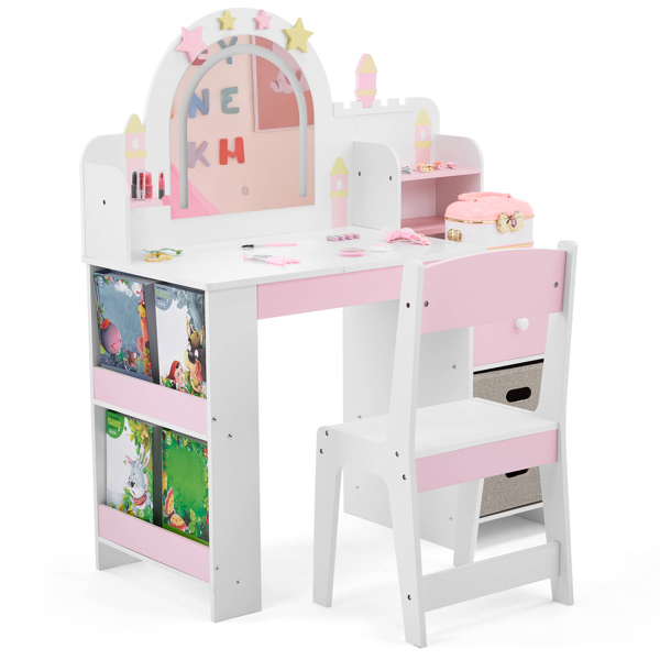 白色+粉色 星星城堡元素 密度板+刨花板  喷漆+丝印+贴三胺 1抽2布抽2层架 左侧2层收纳架 儿童梳妆桌套装-3