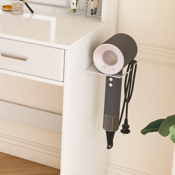 女士/女孩专用带灯LED镜面梳妆台 - 三色可调灯带、两个大抽屉、吹风机支架和无纺布收纳袋，化妆桌卧室家具-10