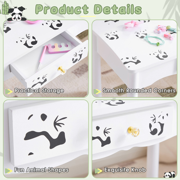 黑白熊猫 密度板喷漆 实木腿 1抽 儿童梳妆桌套装 LED三色调光触摸开关-8